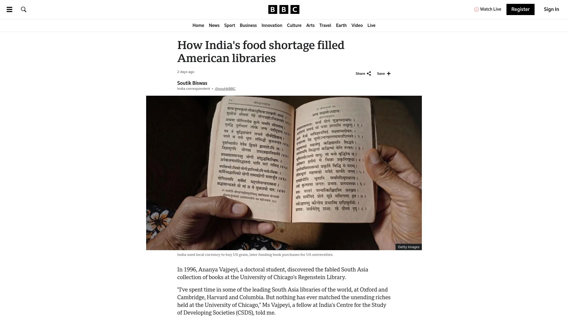 Screenshot of bbc.com: India's food shortage filled American libraries