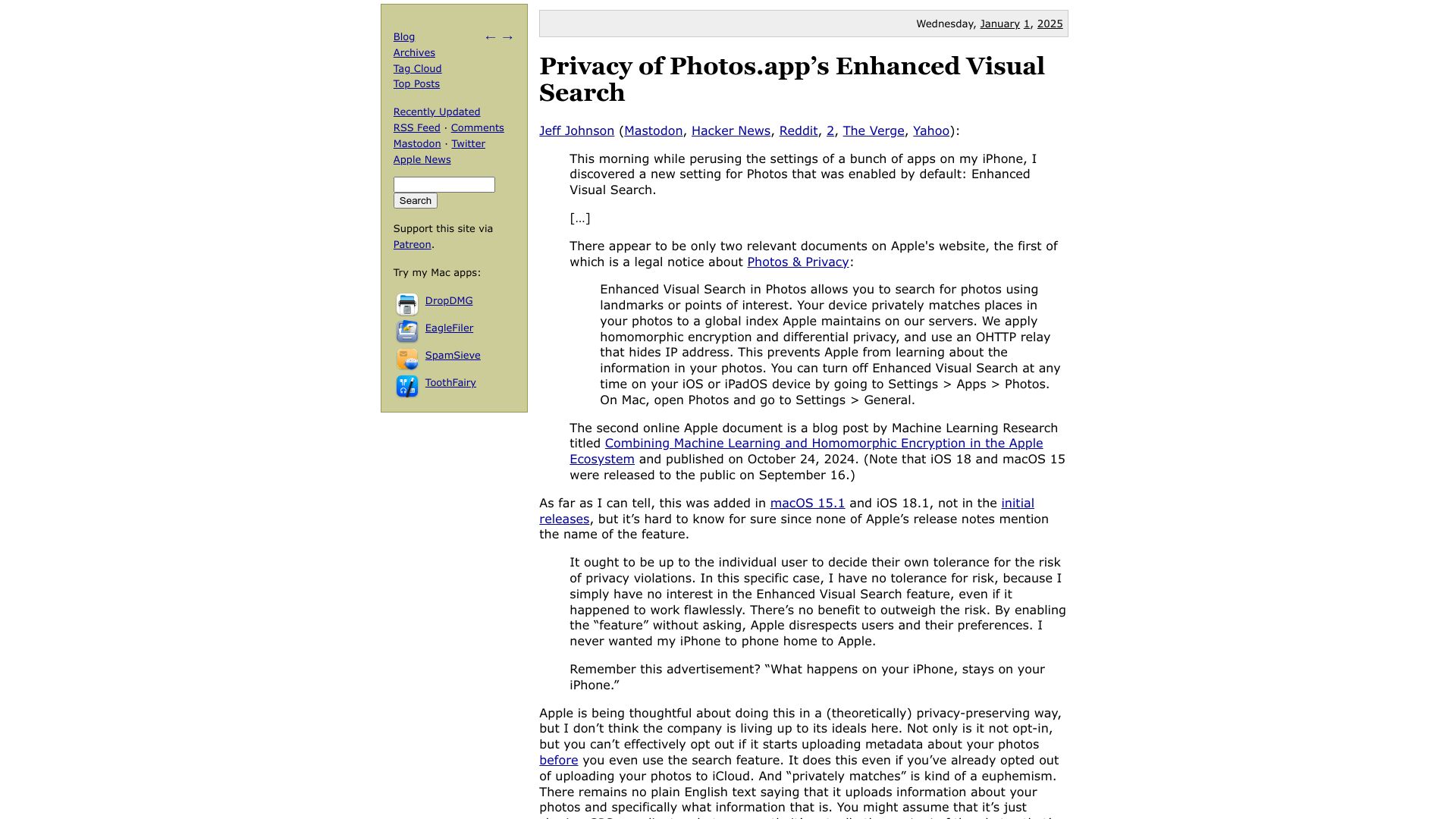 Screenshot of mjtsai.com: Privacy of Photos.app's Enhanced Visual Search