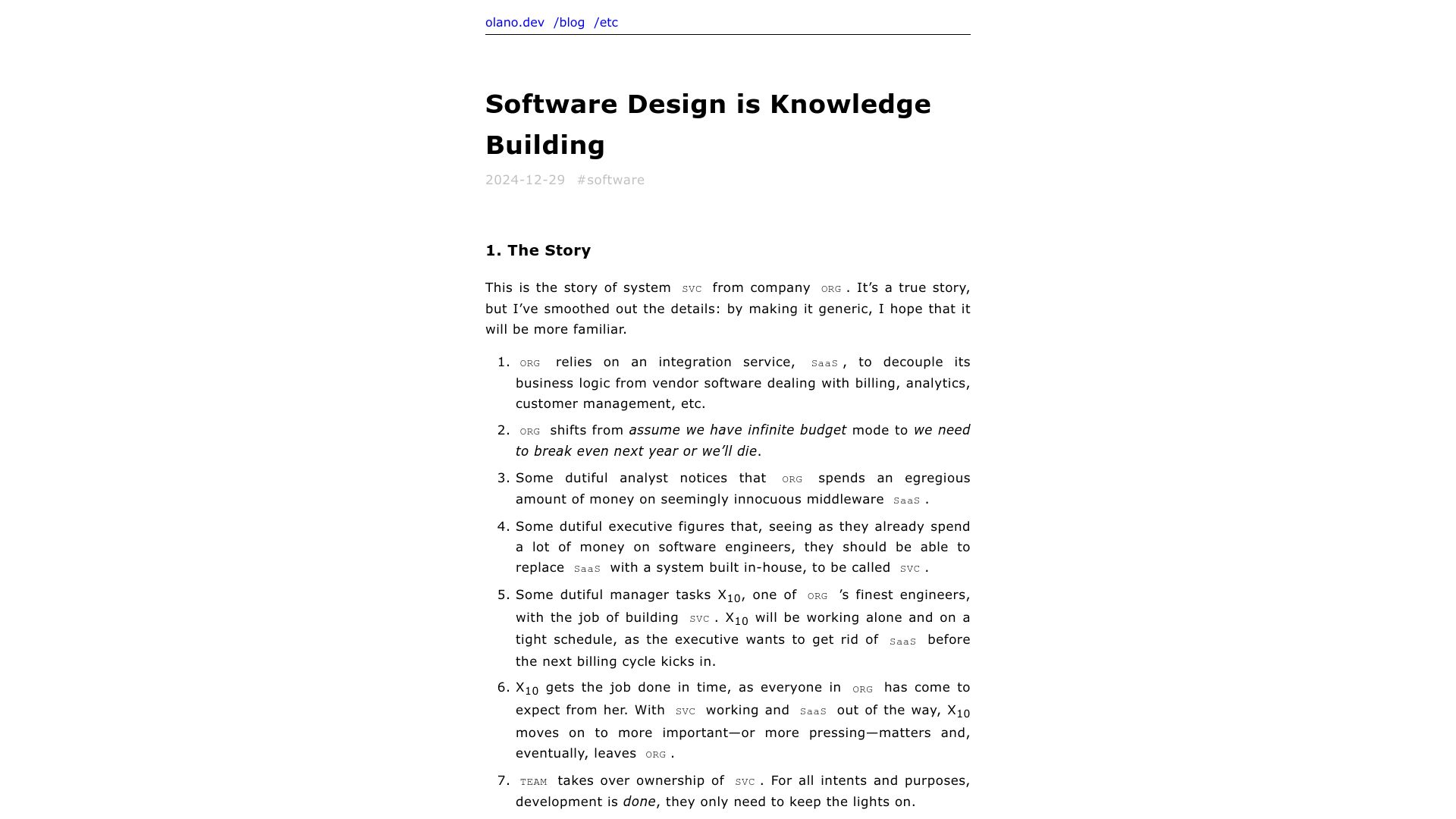 Screenshot of olano.dev: Software Design Is Knowledge Building