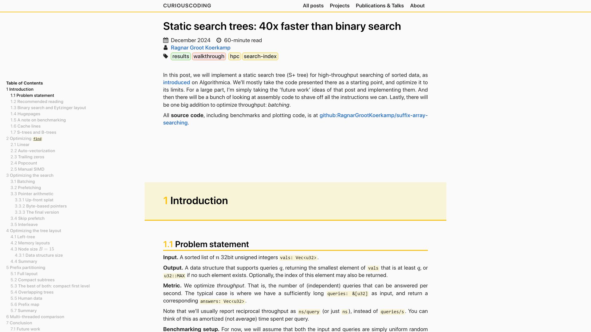 Screenshot of curiouscoding.nl: Static search trees: faster than binary search