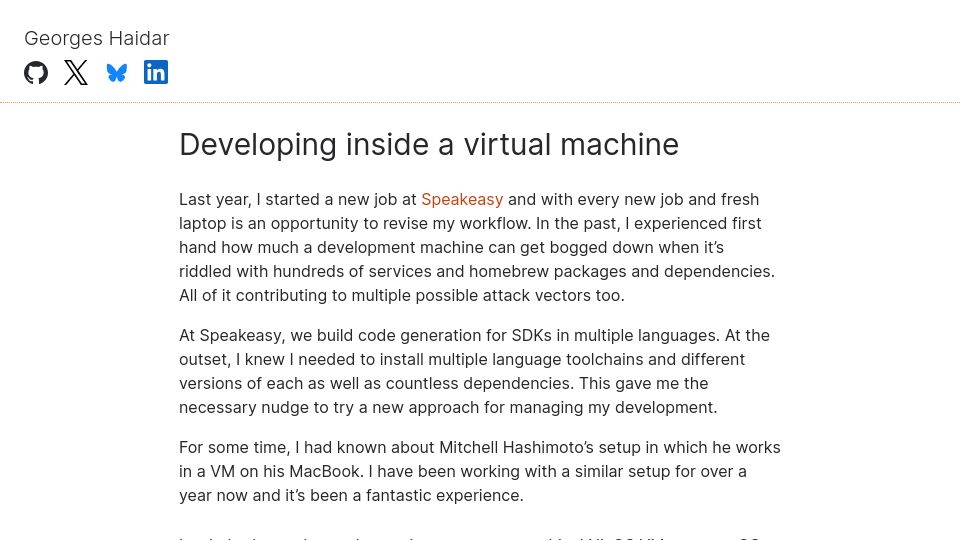 Screenshot of blog.disintegrator.dev: Developing inside a virtual machine