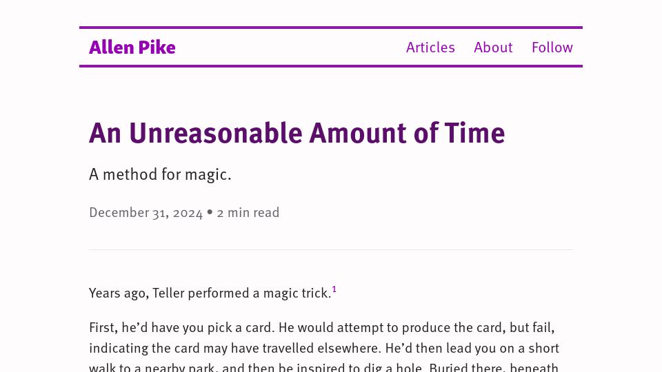 Screenshot of allenpike.com: An Unreasonable Amount of Time