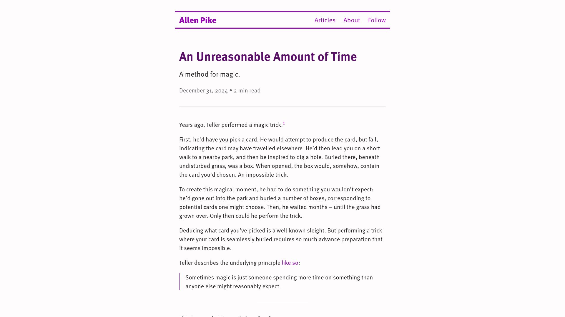 Screenshot of allenpike.com: An Unreasonable Amount of Time