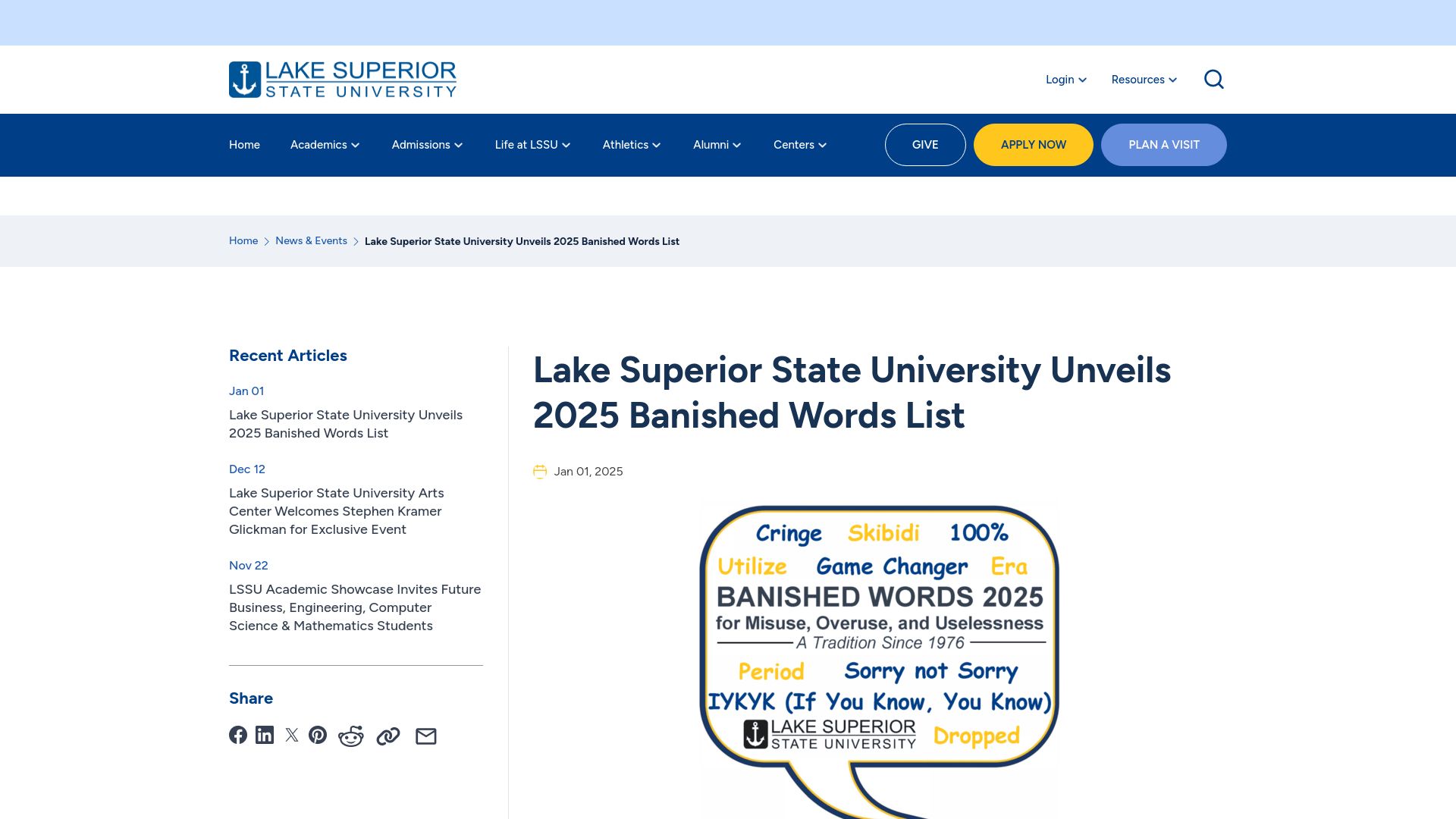 Screenshot of lssu.edu: 2025 Banished Words List