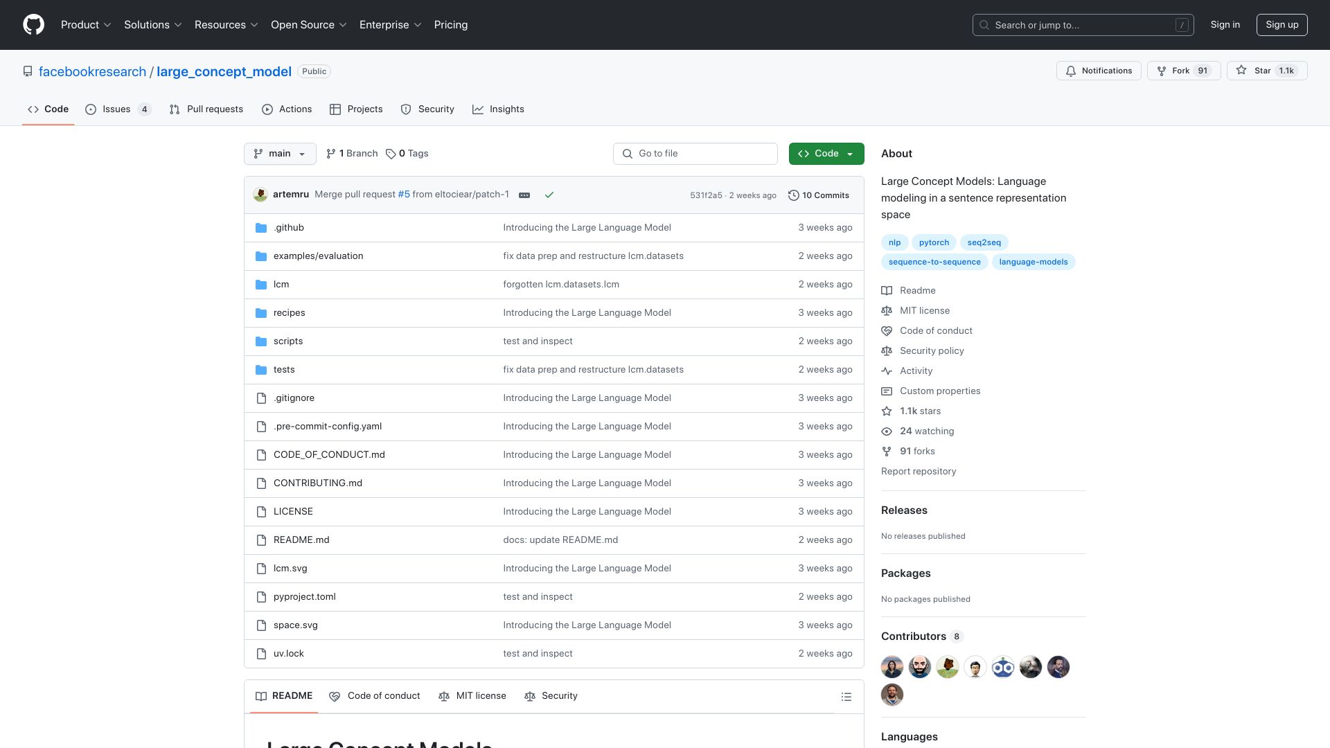 Screenshot of github.com: Large Concept Models: Language modeling in a sentence representation space