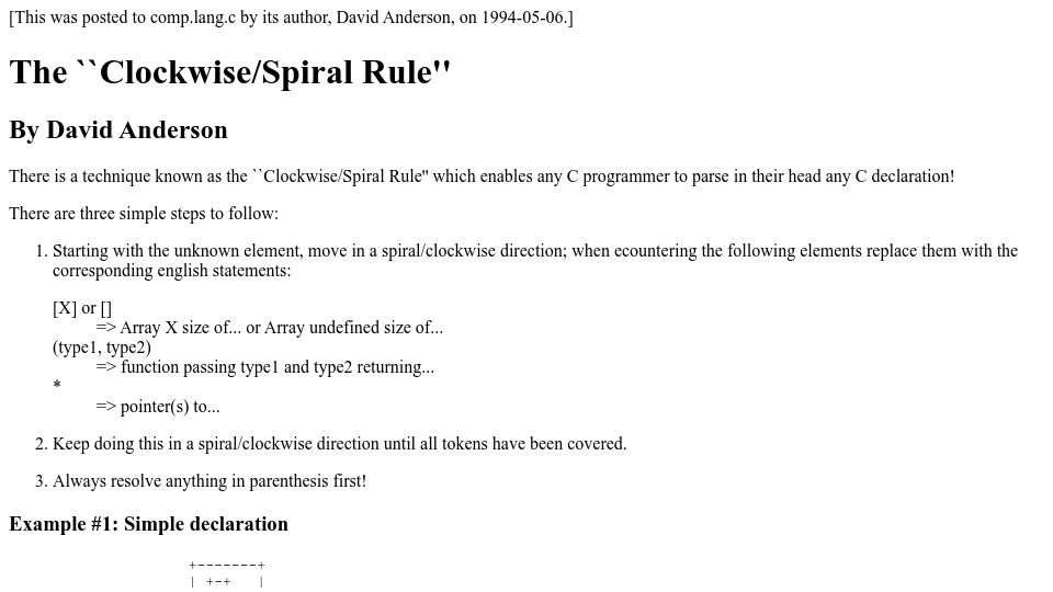 Screenshot of c-faq.com: C "clockwise/spiral" rule to understand declarations