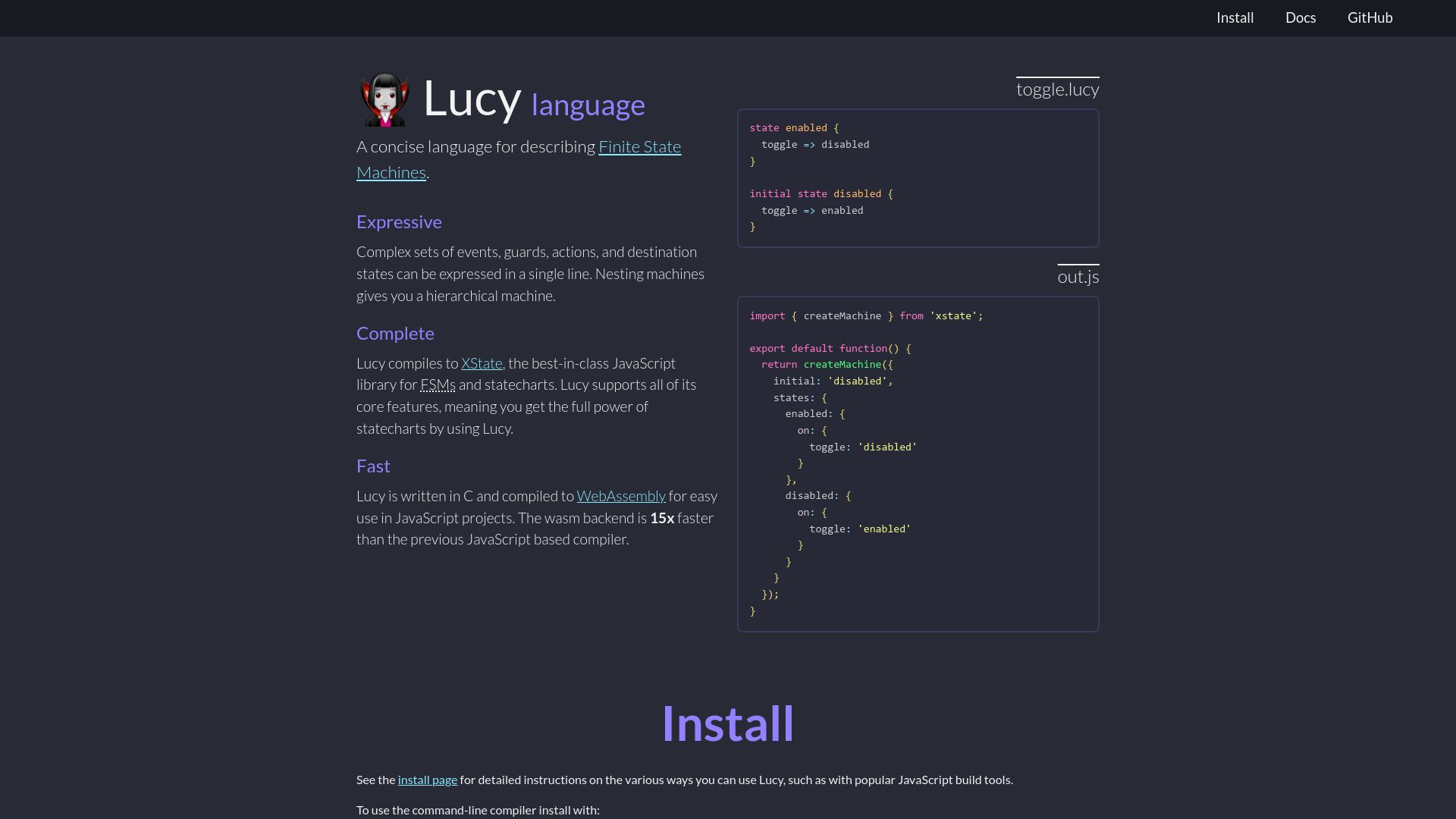Screenshot of pkg.spooky.click: Lucy: A concise language for describing Finite State Machines