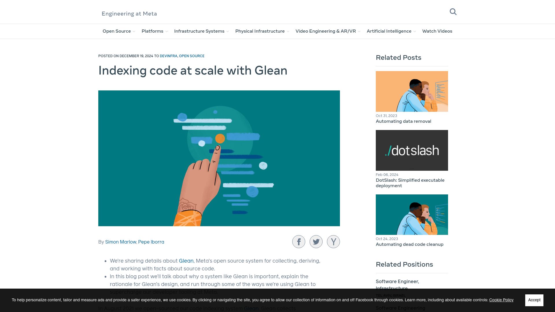 Screenshot of engineering.fb.com: Indexing Code at Scale with Glean
