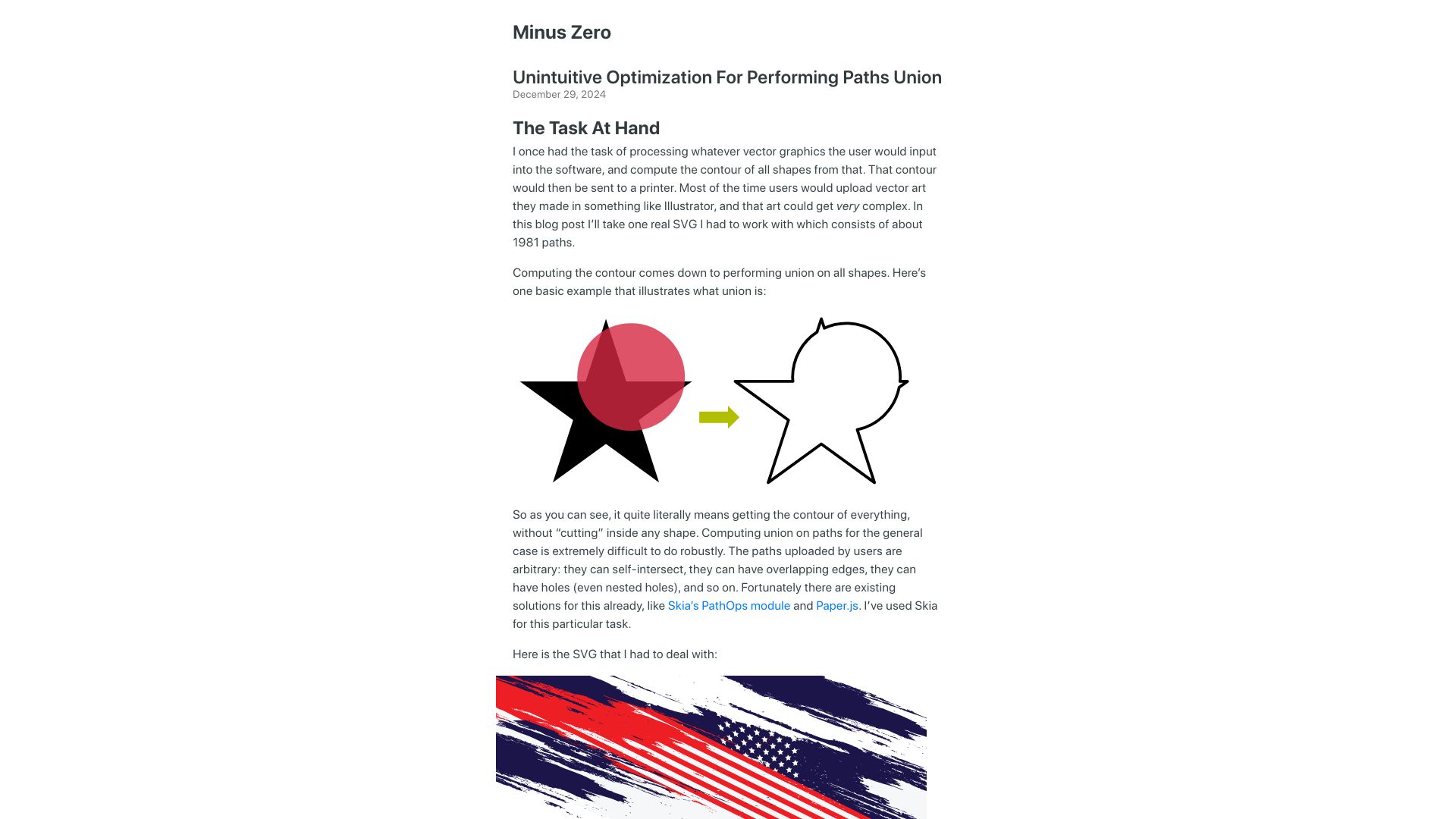 Screenshot of minus-ze.ro: Unintuitive optimization for performing paths union
