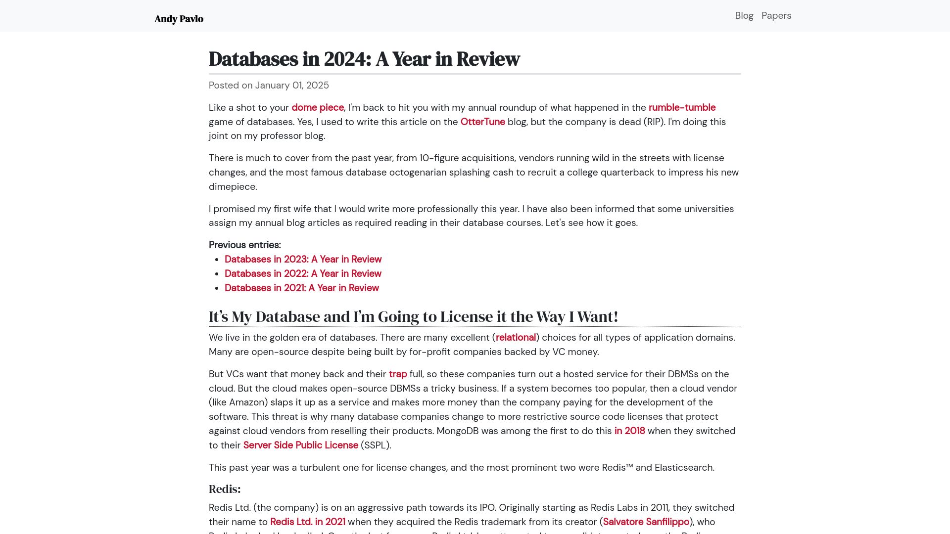 Screenshot of cs.cmu.edu: Databases in 2024: A Year in Review