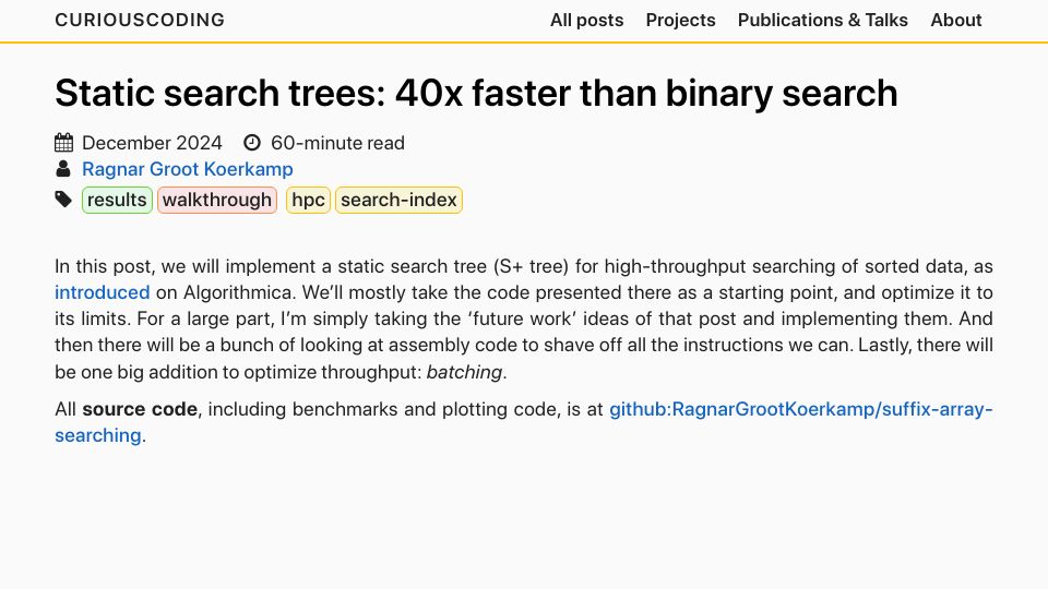 Screenshot of curiouscoding.nl: Static search trees: faster than binary search