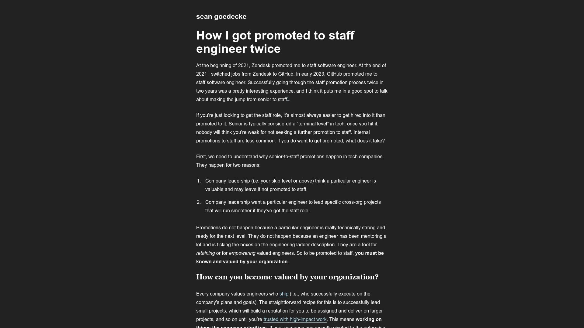 Screenshot of seangoedecke.com: I got promoted to staff engineer twice