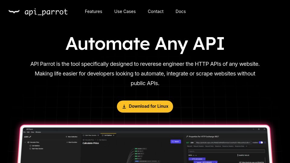 Screenshot of apiparrot.com: Show HN: API Parrot – Automatically Reverse Engineer HTTP APIs