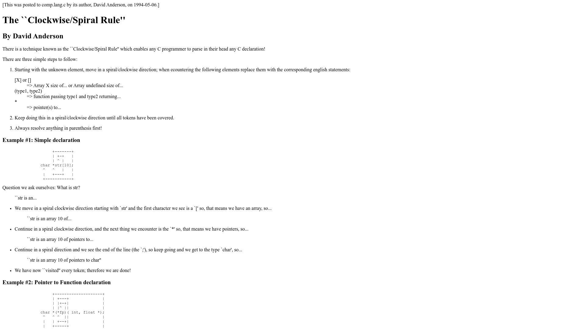 Screenshot of c-faq.com: C "clockwise/spiral" rule to understand declarations