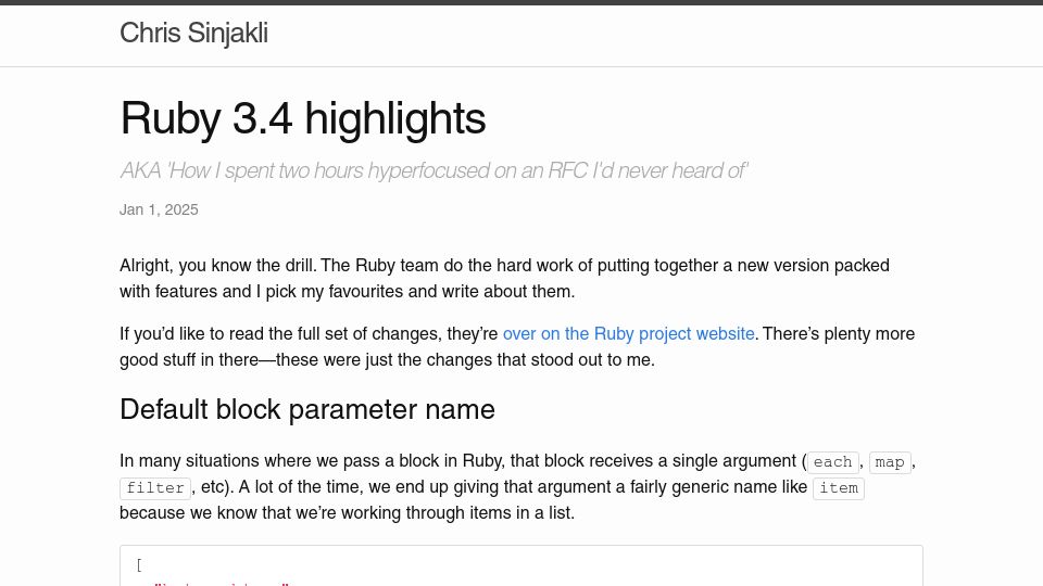 Screenshot of blog.sinjakli.co.uk: Ruby 3.4 Highlights