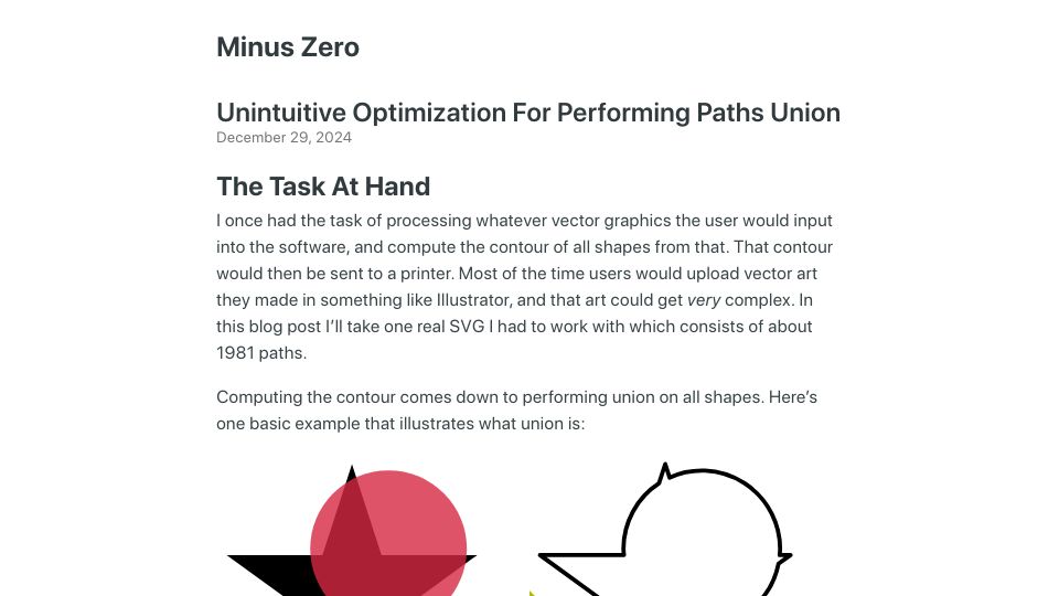 Screenshot of minus-ze.ro: Unintuitive optimization for performing paths union