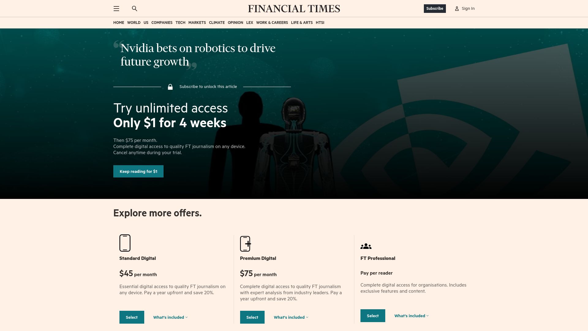 Screenshot of ft.com: Nvidia bets on robotics to drive future growth