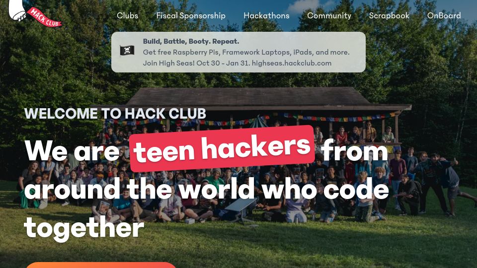 Screenshot of hackclub.com: We are teen hackers from around the world who code together