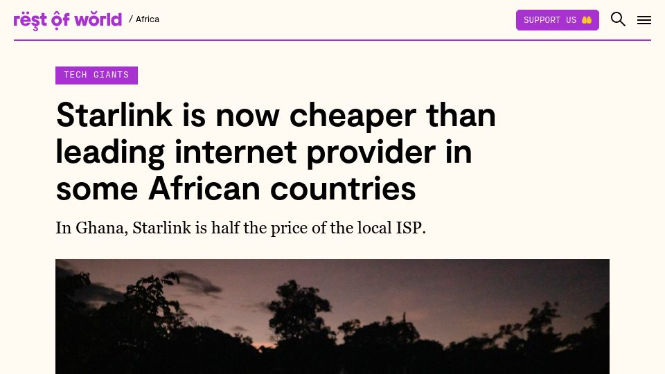 Screenshot of restofworld.org: Starlink is now cheaper than leading internet provider in some African countries