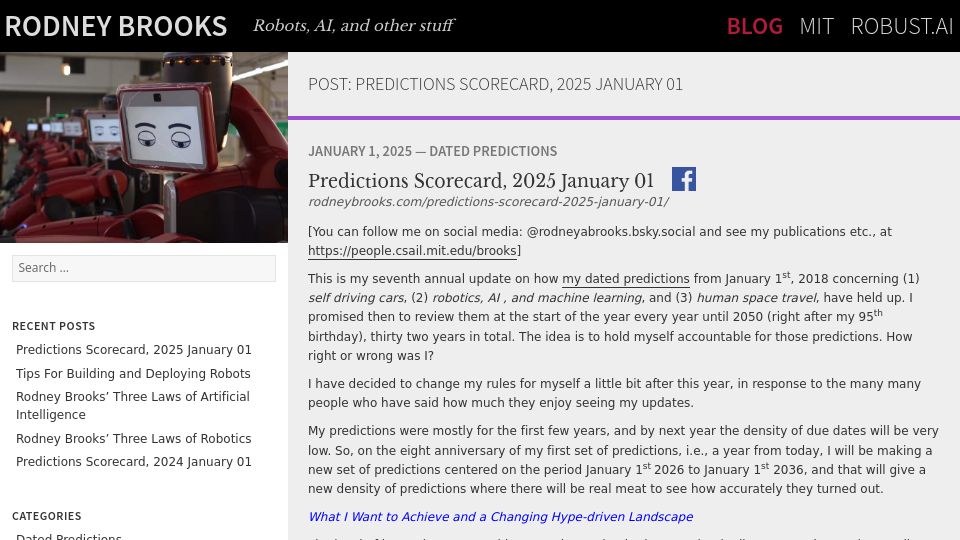 Screenshot of rodneybrooks.com: Predictions Scorecard, 2025 January 01