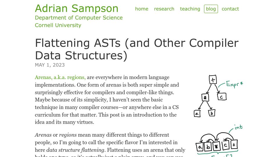 Screenshot of cs.cornell.edu: Flattening ASTs and other compiler data structures (2023)