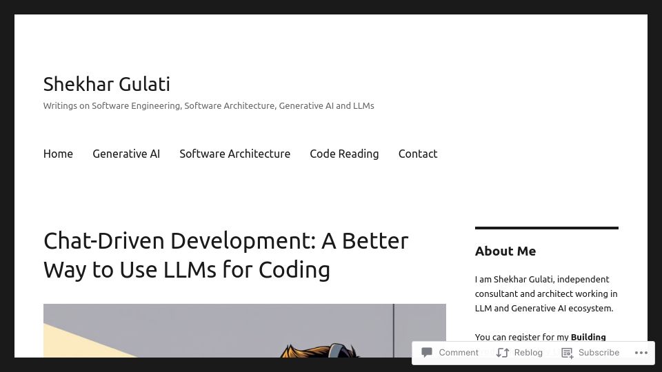 Screenshot of shekhargulati.com: Chat-Driven Development: A Better Way to Use LLMs for Coding