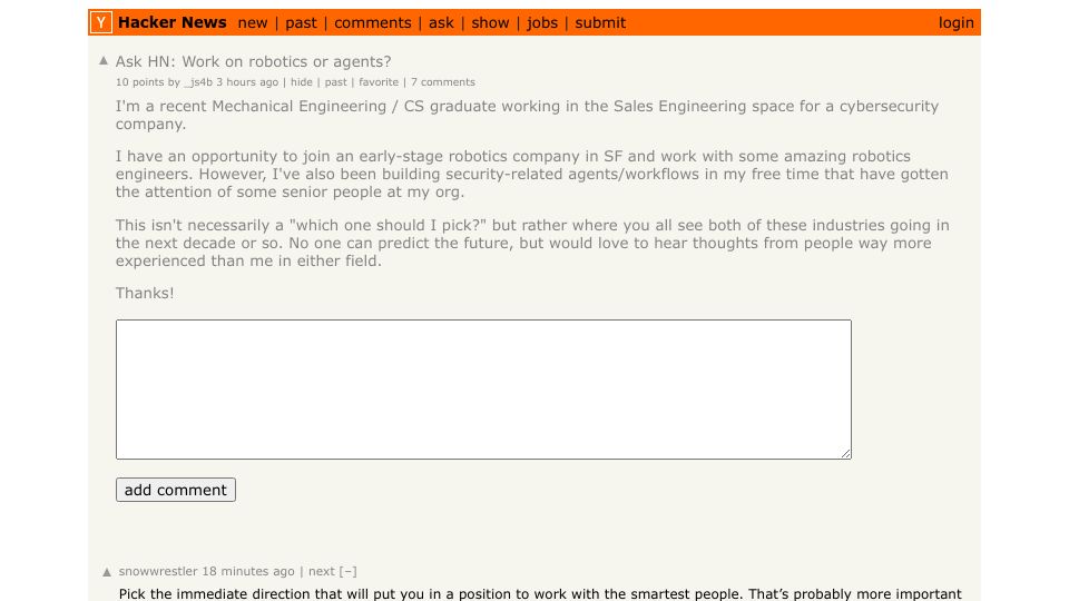 Screenshot of Hacker News post: Ask HN: Work on robotics or agents?