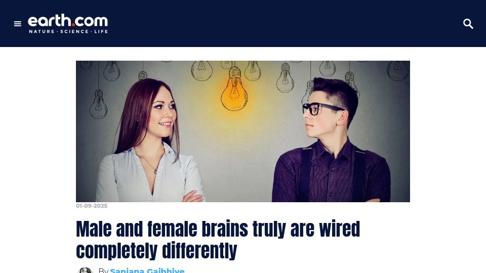 Screenshot of earth.com: Male and female brains are wired differently