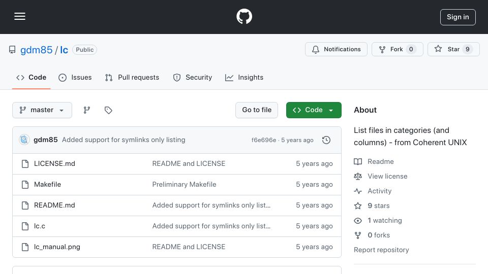 Screenshot of github.com: lc: List files in categories (and columns) – from Coherent Unix clone