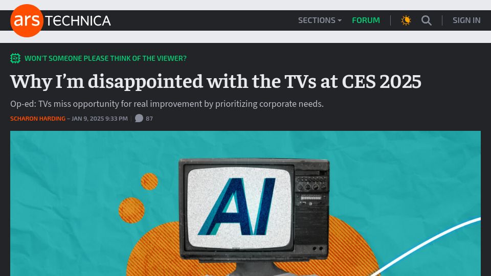 Screenshot of arstechnica.com: Disappointed with the TVs at CES 2025