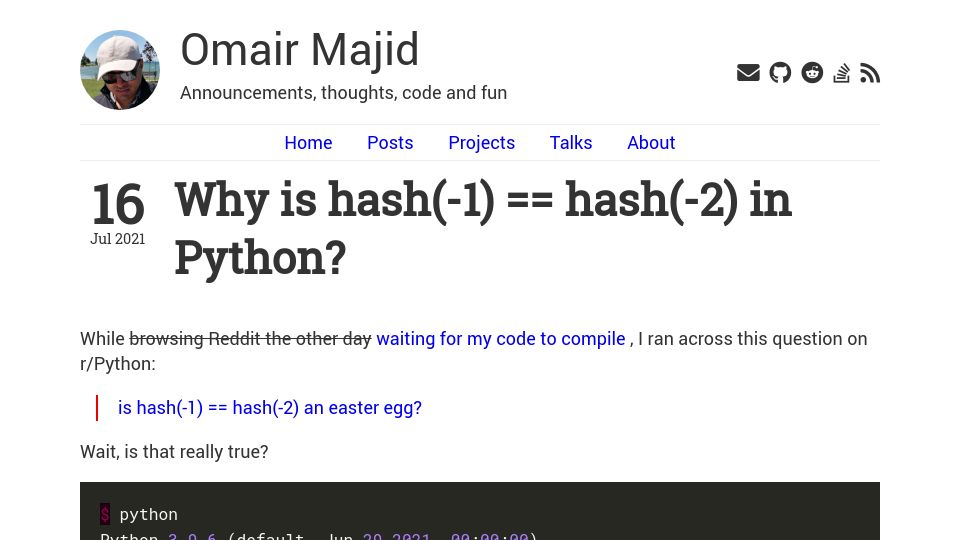 Screenshot of omairmajid.com: Why is hash(-1) == hash(-2) in Python?