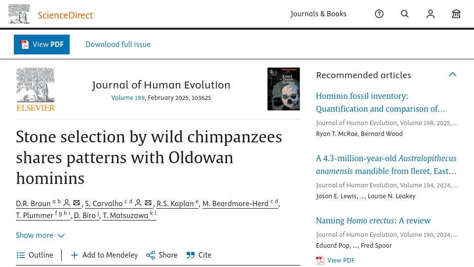 Screenshot of sciencedirect.com: Stone selection by wild chimpanzees shares patterns with Oldowan hominins