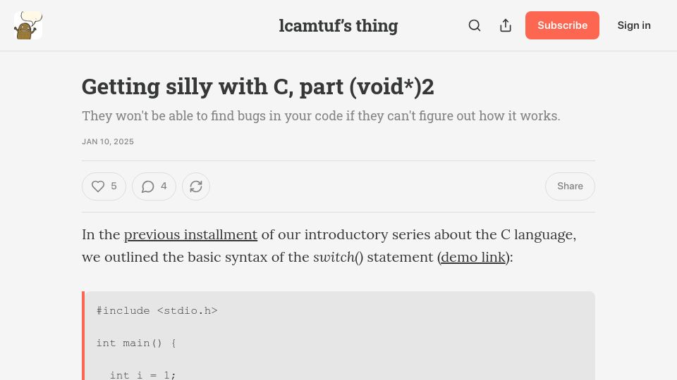 Screenshot of lcamtuf.substack.com: Getting silly with C, part (void*)2