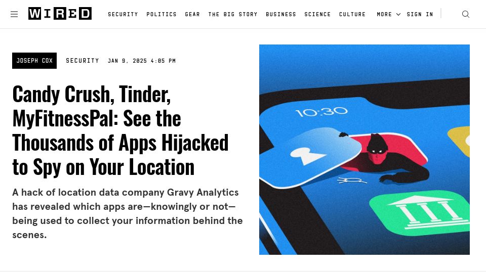 Screenshot of wired.com: Candy Crush, Tinder, MyFitnessPal: Apps hijacked to spy on location