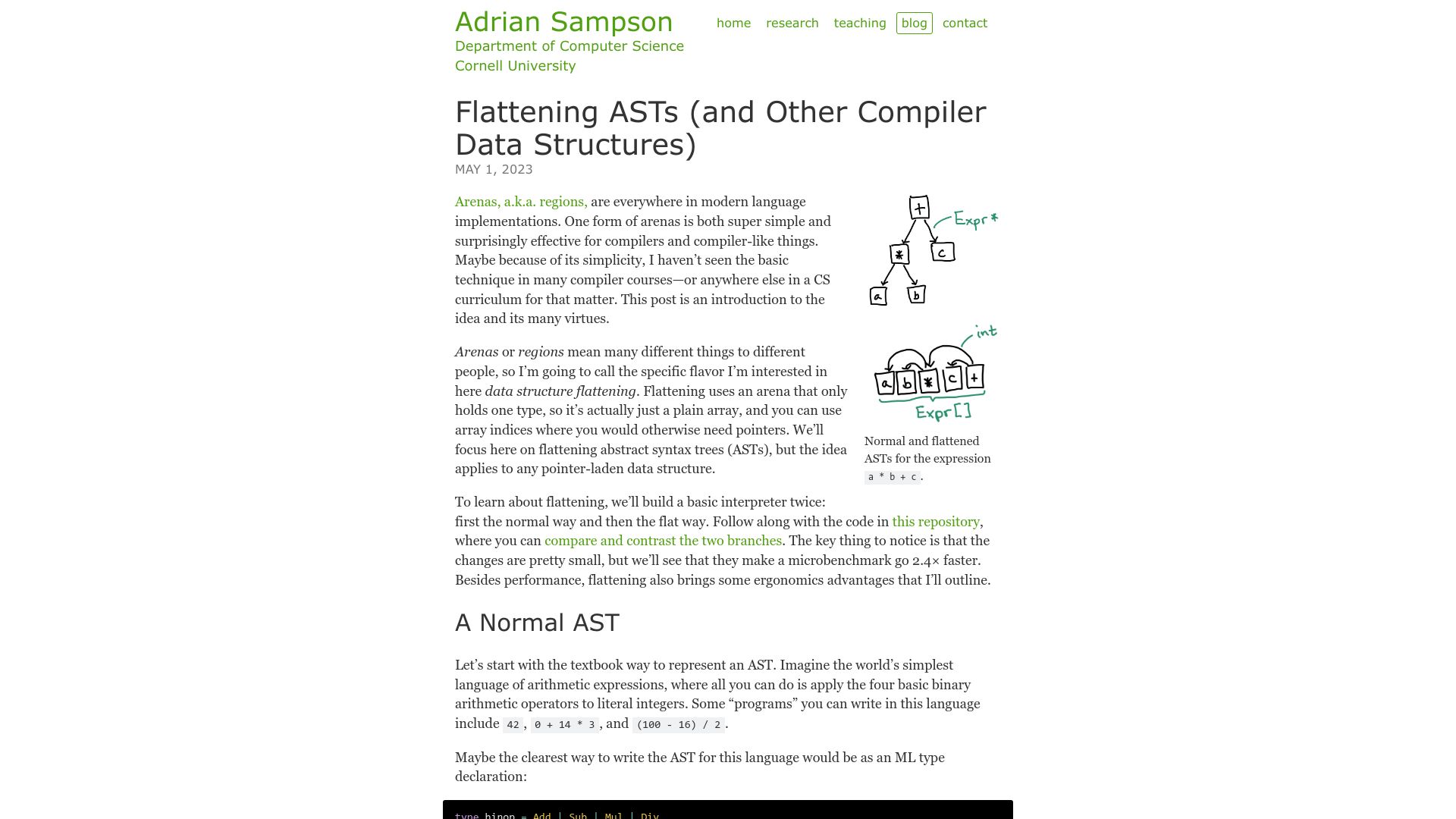 Screenshot of cs.cornell.edu: Flattening ASTs and other compiler data structures (2023)