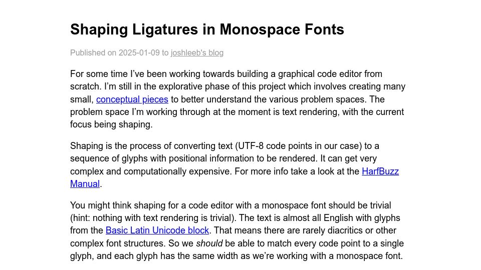 Screenshot of joshleeb.com: Shaping ligatures in monospace fonts