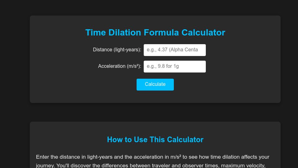 Screenshot of timedilationformula.com: Time Dilation Formula / Calculator