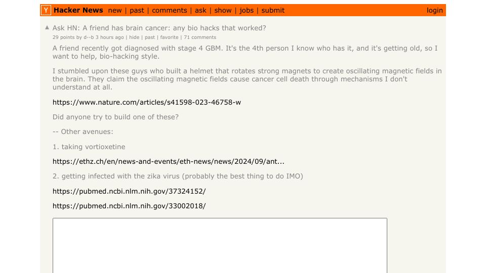 Screenshot of Hacker News post: Ask HN: A friend has brain cancer: any bio hacks that worked?