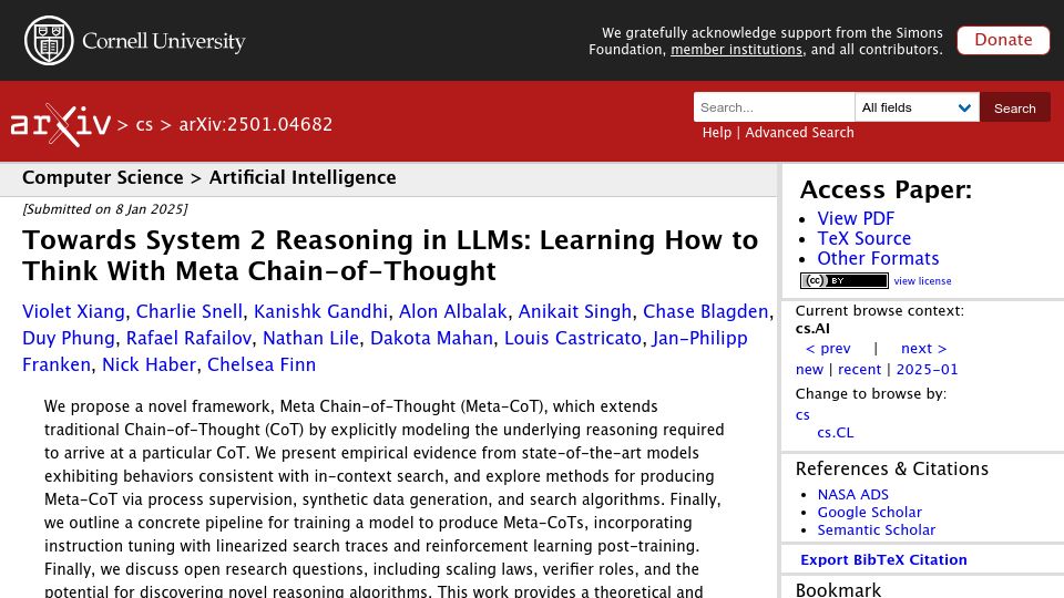 Screenshot of arxiv.org: Learning how to think with Meta Chain-of-Thought