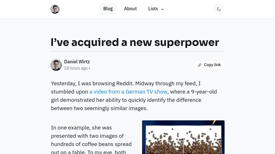 Screenshot of danielwirtz.com: I've acquired a new superpower