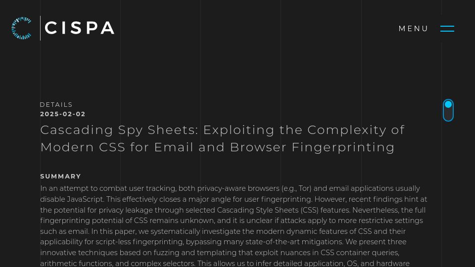 Screenshot of cispa.de: Cascading Spy Sheets: Exploiting the Complexity of Modern CSS for Fingerprinting