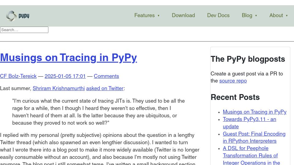 Screenshot of pypy.org: Musings on Tracing in PyPy