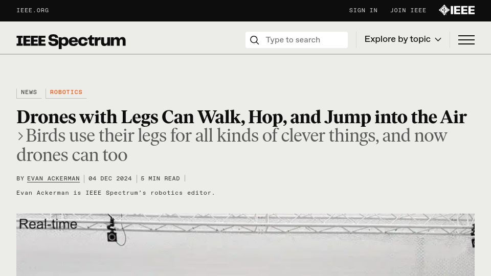 Screenshot of spectrum.ieee.org: Bird-inspired drone uses legs to walk and jump into the air