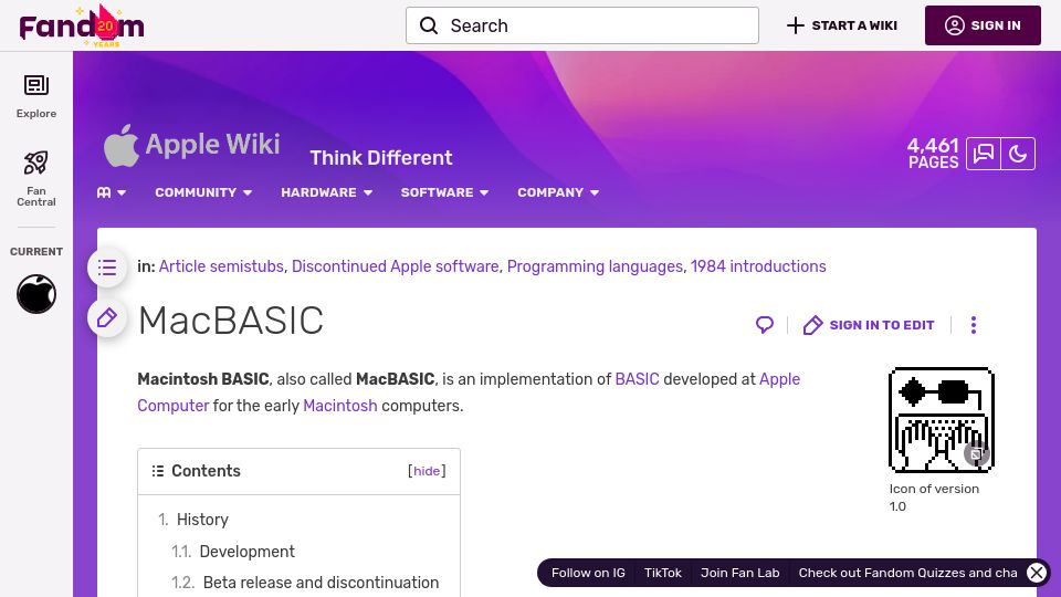 Screenshot of apple.fandom.com: MacBASIC