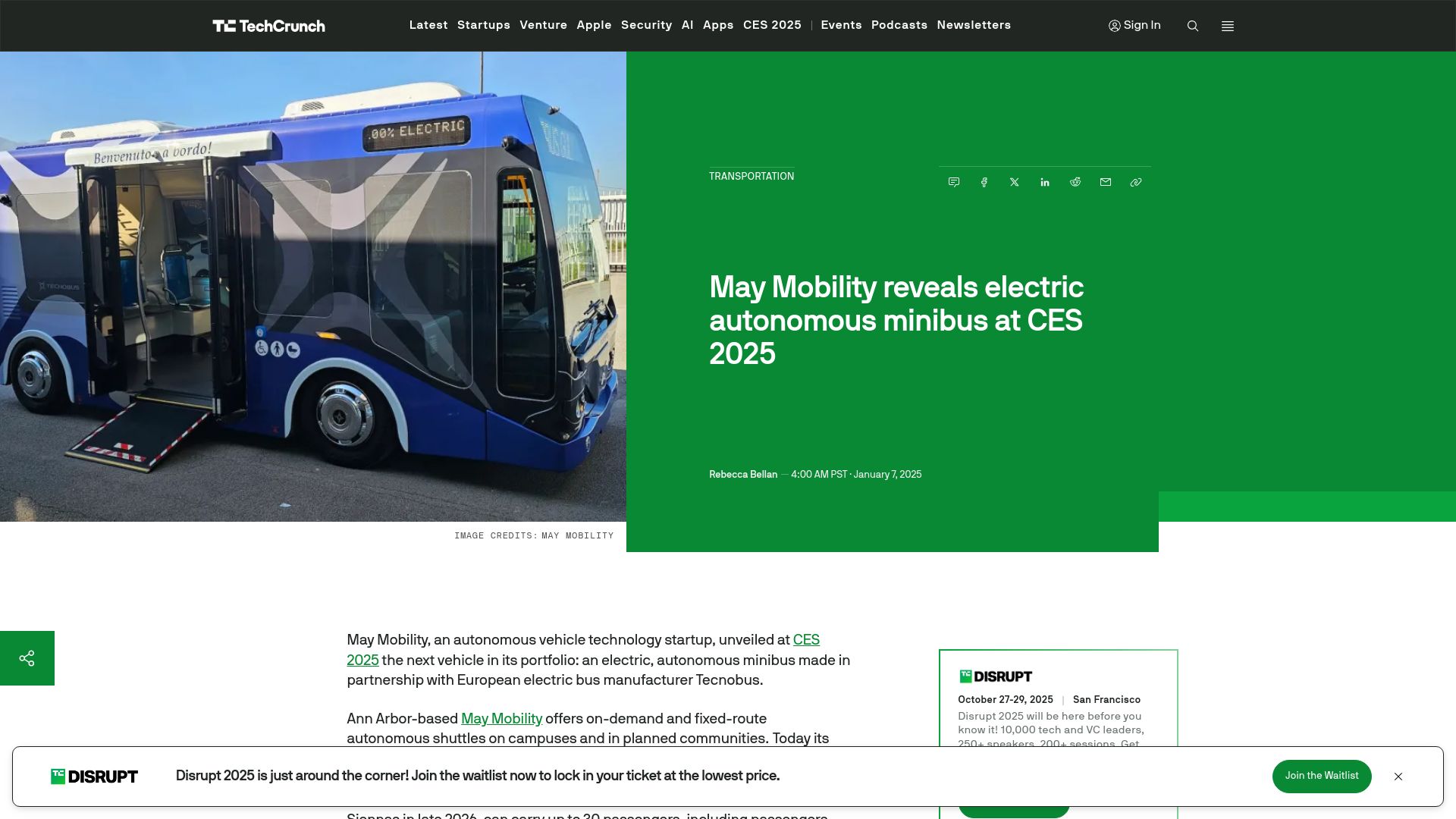 Screenshot of techcrunch.com: May Mobility reveals electric autonomous minibus at CES 2025