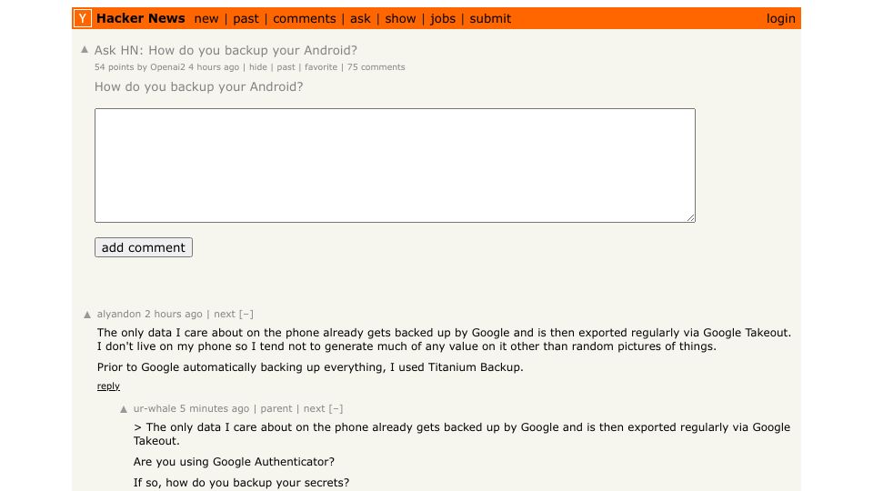Screenshot of Hacker News post: Ask HN: How do you backup your Android?