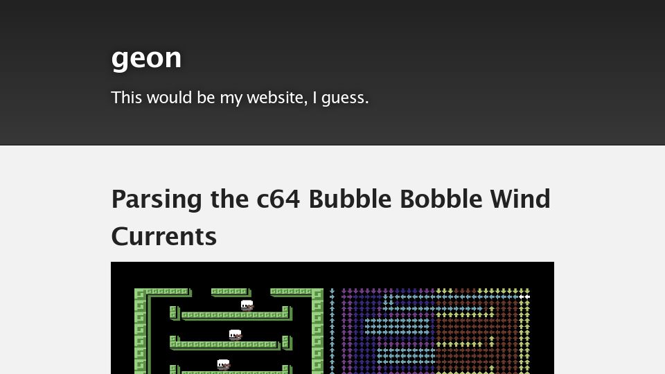 Screenshot of geon.github.io: Parsing the C64 Bubble Bobble Wind Currents