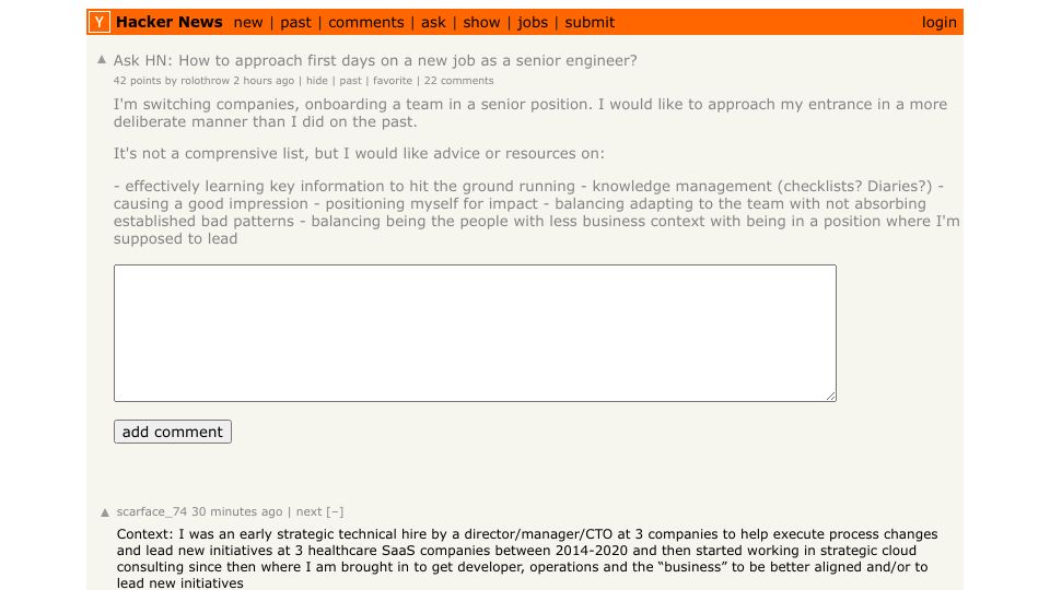 Screenshot of Hacker News post: Ask HN: How to approach first days on a new job as a senior engineer?