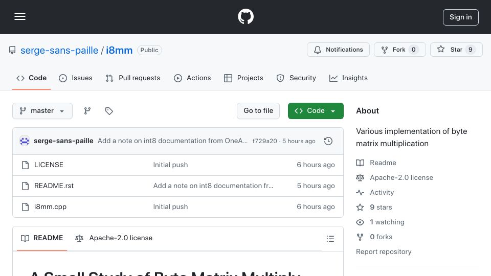 Screenshot of github.com: Experiments with Byte Matrix Multiplication