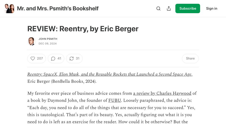 Screenshot of thepsmiths.com: Review: Reentry, by Eric Berger